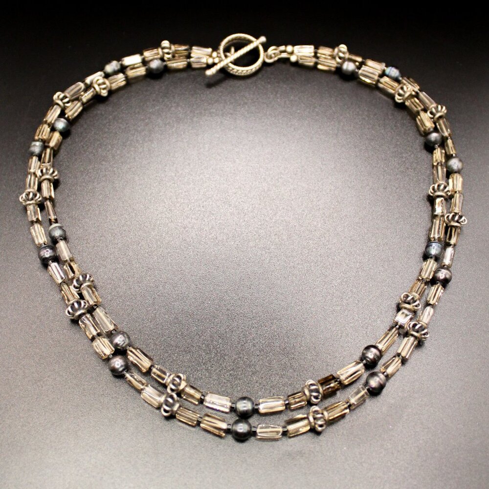 Smoky Quartz Peacock Oil Slick Pearl 2 Strand Necklace 925 Beads Findings